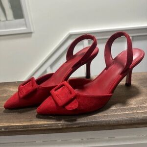 Red Pointed-Toe Slingback Heels with Decorative Buckle